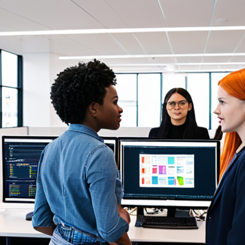 Home 11 **Prompt:** A diverse team of AI developers collaborating in a modern office space, reviewing datasets on large monitors. Emphasis on representation from various ethnic backgrounds and genders, creating algorithms free from bias. The style should be bright and optimistic, reflecting progress and innovation.