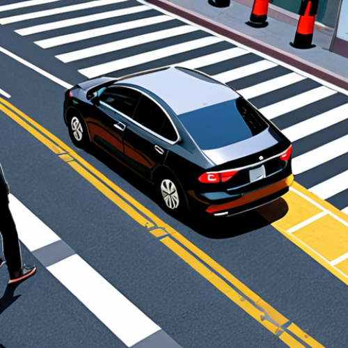Home 6 **An autonomous vehicle facing a moral dilemma. The car is at a crossroads, with pedestrians in the crosswalk and a barrier ahead. The scene evokes the trolley problem, with a decision needing to be made about who to protect. Emphasize the ethical complexities of AI decision-making in self-driving cars.**