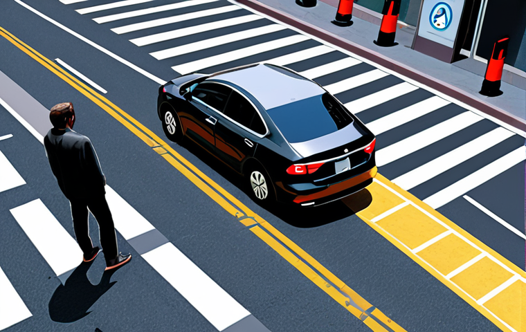 **An autonomous vehicle facing a moral dilemma. The car is at a crossroads, with pedestrians in the crosswalk and a barrier ahead. The scene evokes the trolley problem, with a decision needing to be made about who to protect. Emphasize the ethical complexities of AI decision-making in self-driving cars.**
