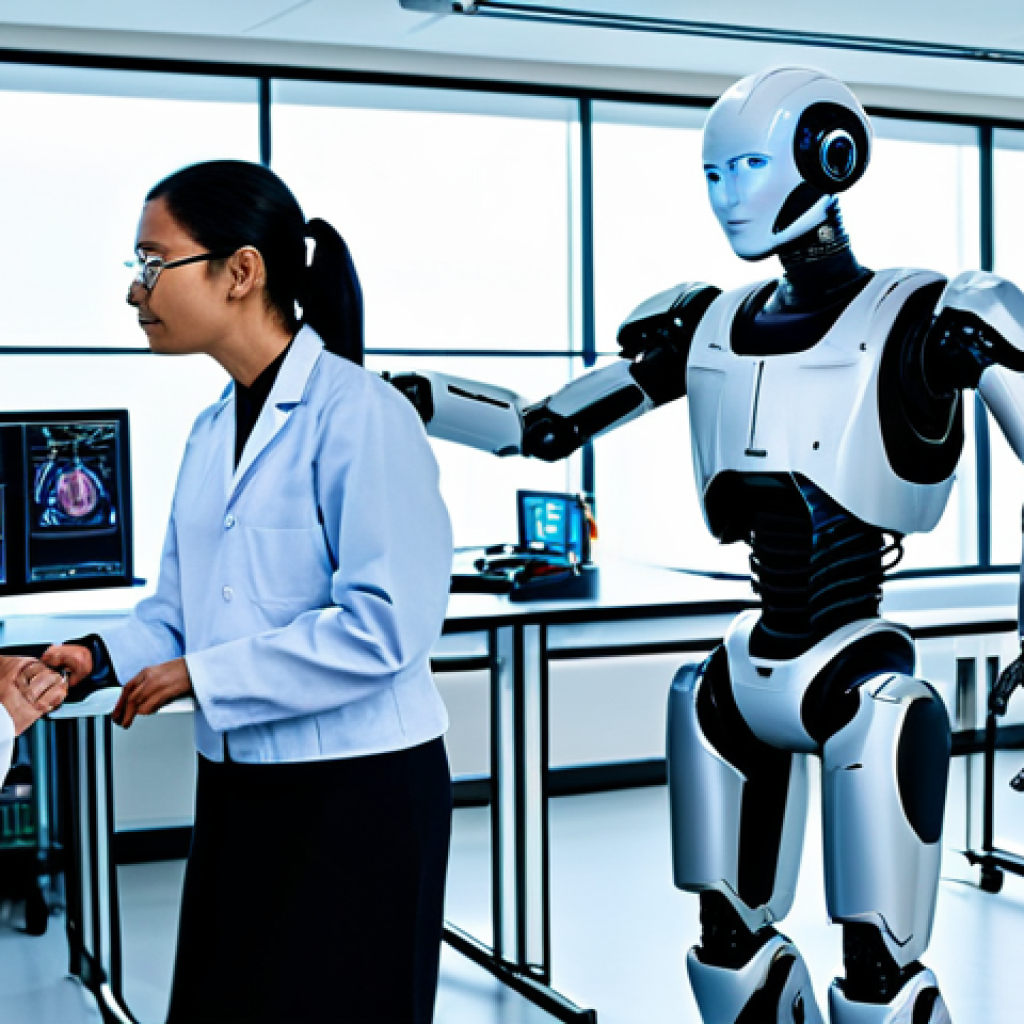**
A diverse team of scientists and engineers collaboratively working on a humanoid robot in a high-tech lab, surrounded by holographic displays and complex machinery, fully clothed in appropriate lab attire, safe for work, perfect anatomy, natural proportions, professional environment, depicting a future of ethical AI development, family-friendly, appropriate content.
**