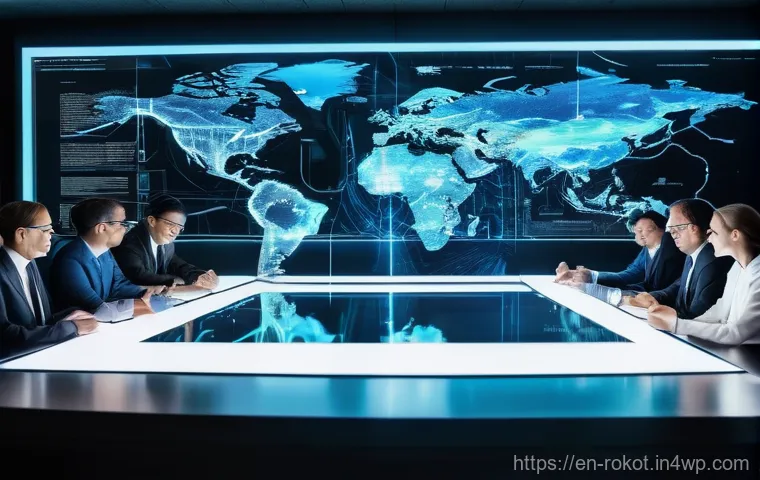 로봇 윤리 규범의 미래 예측 - **Prompt:** "A panoramic view inside a futuristic, brightly lit ethical review board meeting. A dive...
