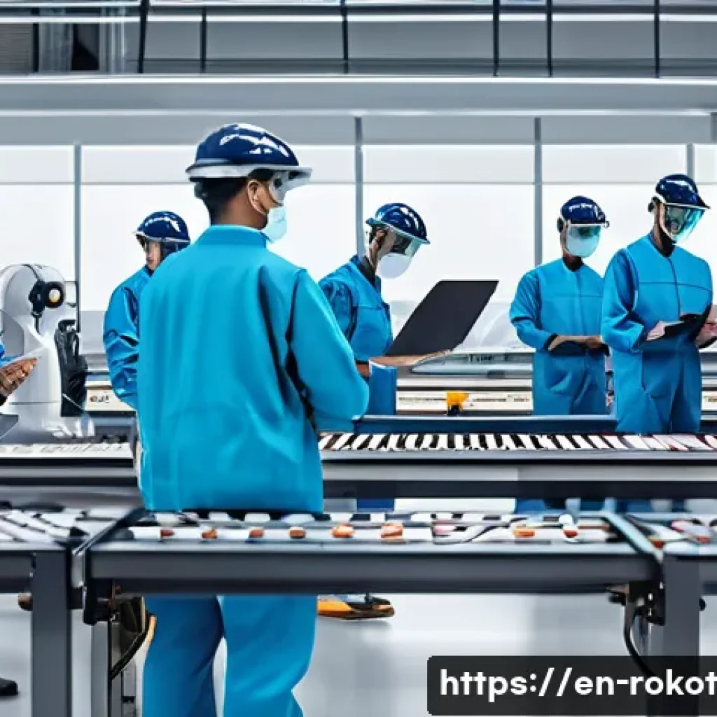 로봇과 사회적 변화의 윤리적 이해 - A futuristic factory scene showcasing human workers and collaborative robots working side by side on...