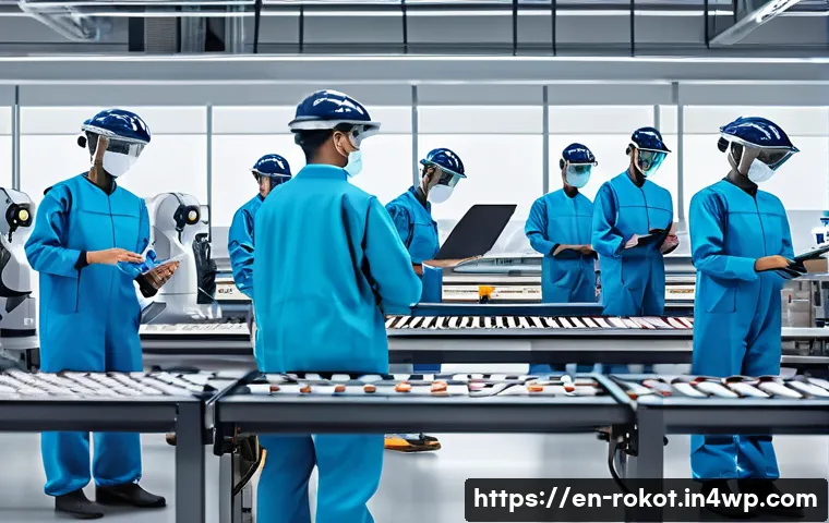 로봇과 사회적 변화의 윤리적 이해 - A futuristic factory scene showcasing human workers and collaborative robots working side by side on...