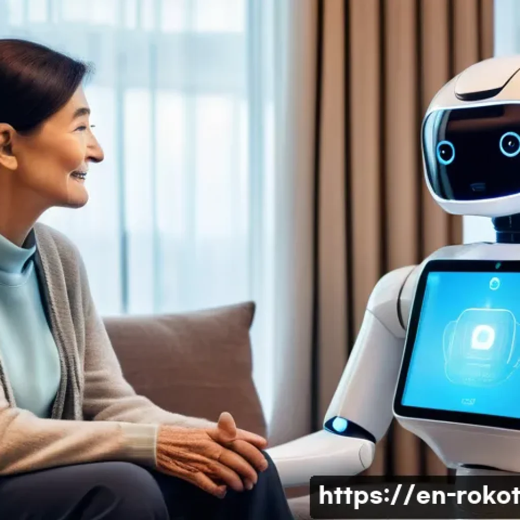 로봇 윤리 규범과 관계 법령 현황 - A futuristic healthcare robot assisting an elderly person in a cozy, modern living room, both dresse...