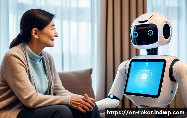 로봇 윤리 규범과 관계 법령 현황 - A futuristic healthcare robot assisting an elderly person in a cozy, modern living room, both dresse...