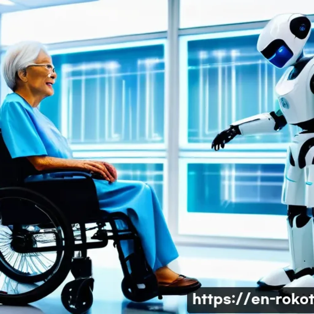 로봇의 사회적 책임과 정책적 접근 - A futuristic hospital scene featuring a humanoid robotic assistant interacting with an elderly patie...