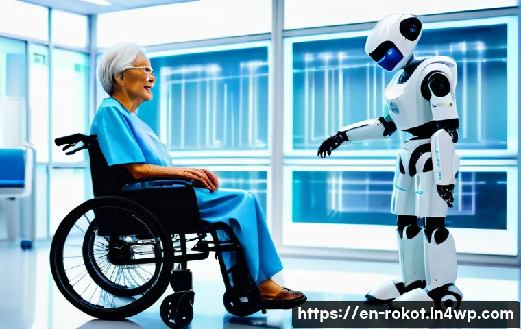 로봇의 사회적 책임과 정책적 접근 - A futuristic hospital scene featuring a humanoid robotic assistant interacting with an elderly patie...
