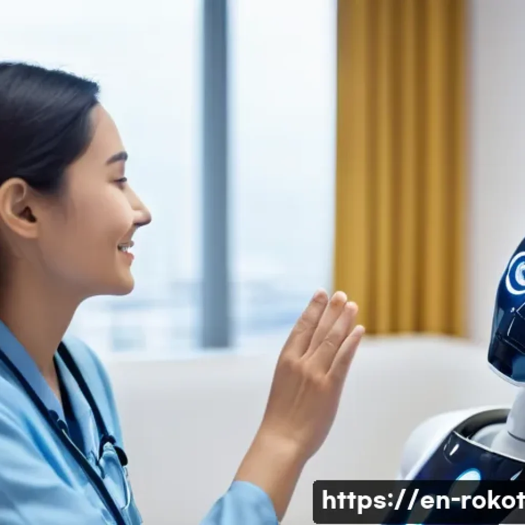 로봇의 감정 표현 윤리 - A futuristic healthcare setting with a humanoid robot assistant displaying empathetic facial express...