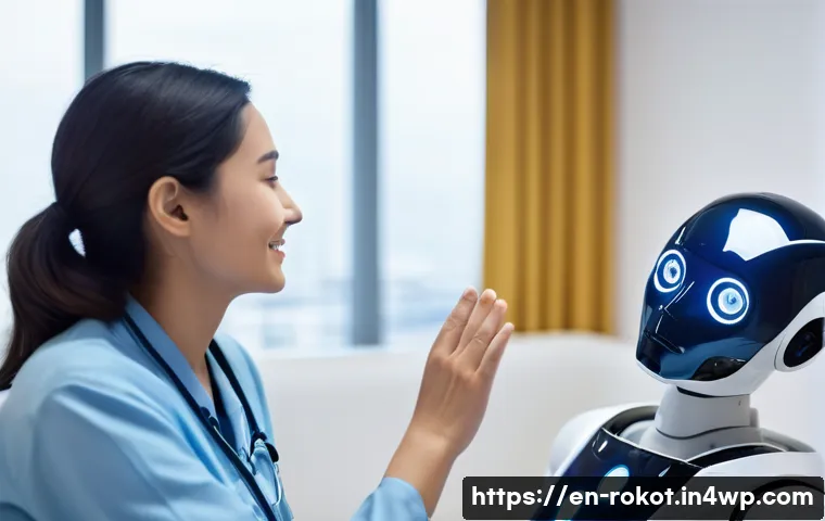 로봇의 감정 표현 윤리 - A futuristic healthcare setting with a humanoid robot assistant displaying empathetic facial express...