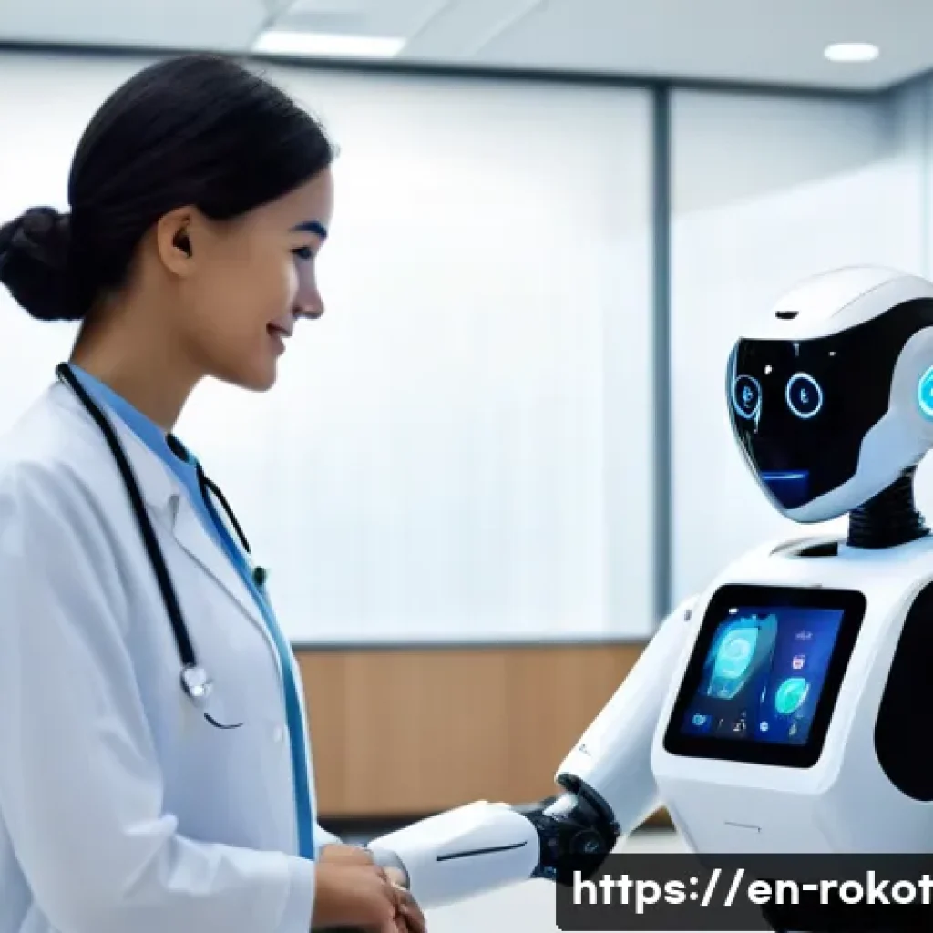 로봇 윤리 규범의 국제적 사례 - A futuristic hospital scene showing a healthcare robot assisting an elderly patient in a modern elde...