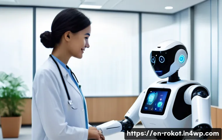 로봇 윤리 규범의 국제적 사례 - A futuristic hospital scene showing a healthcare robot assisting an elderly patient in a modern elde...