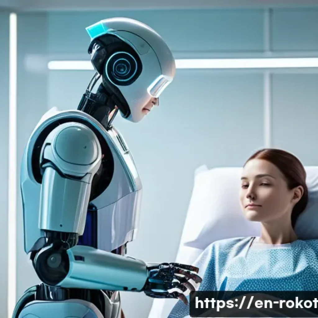 로봇 윤리 규범과 법적 책임 - A futuristic healthcare robot in a hospital room interacting respectfully with a patient, both dress...