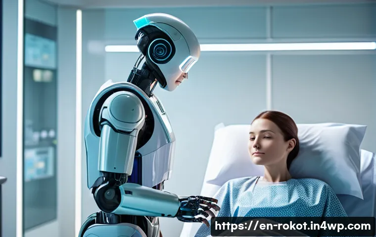 로봇 윤리 규범과 법적 책임 - A futuristic healthcare robot in a hospital room interacting respectfully with a patient, both dress...