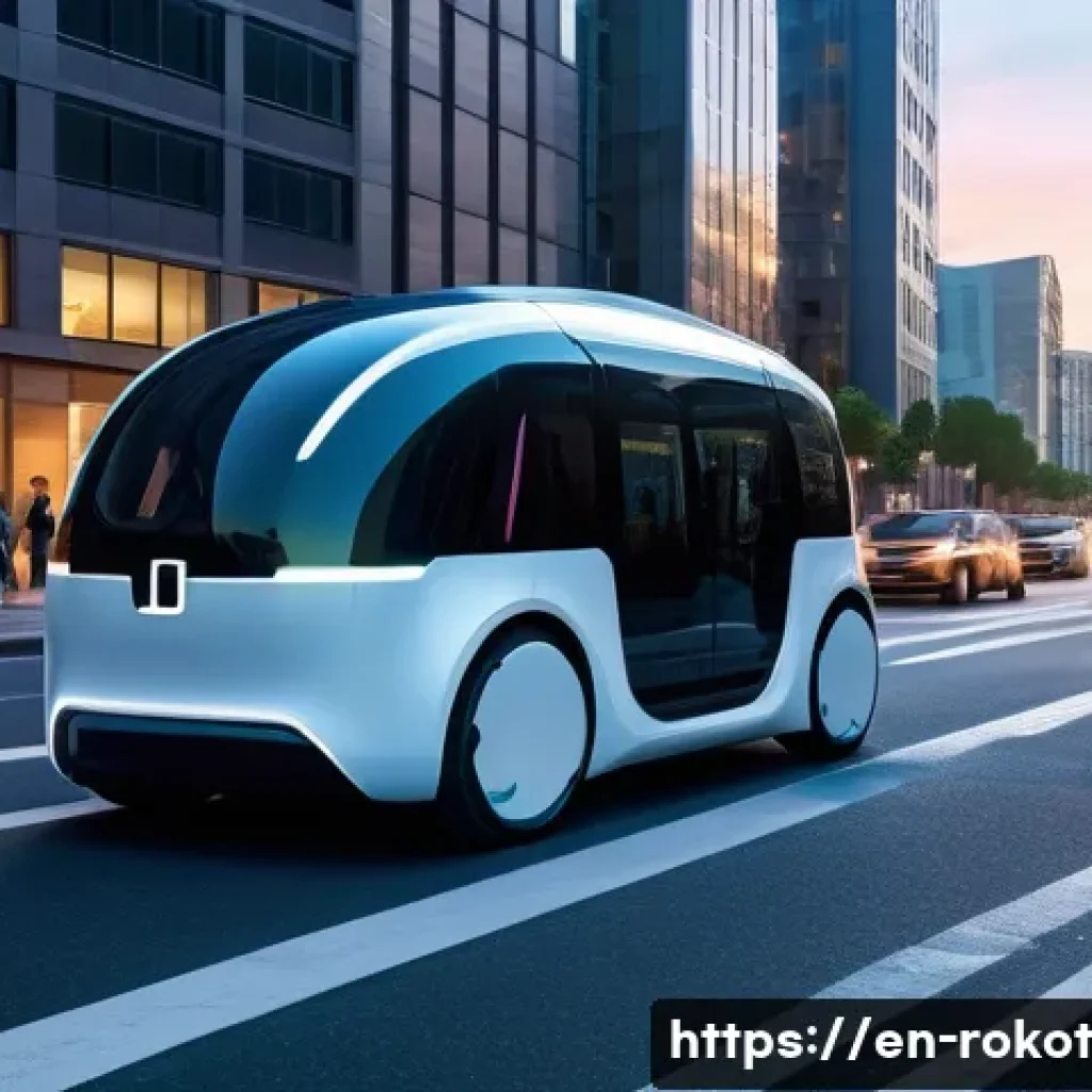 자율 로봇의 윤리적 결정 과정 - A futuristic autonomous vehicle navigating a complex urban environment at dusk, making a split-secon...
