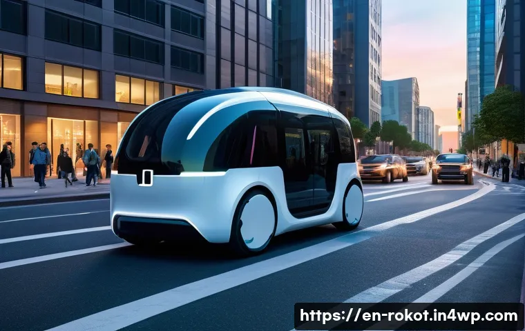 자율 로봇의 윤리적 결정 과정 - A futuristic autonomous vehicle navigating a complex urban environment at dusk, making a split-secon...
