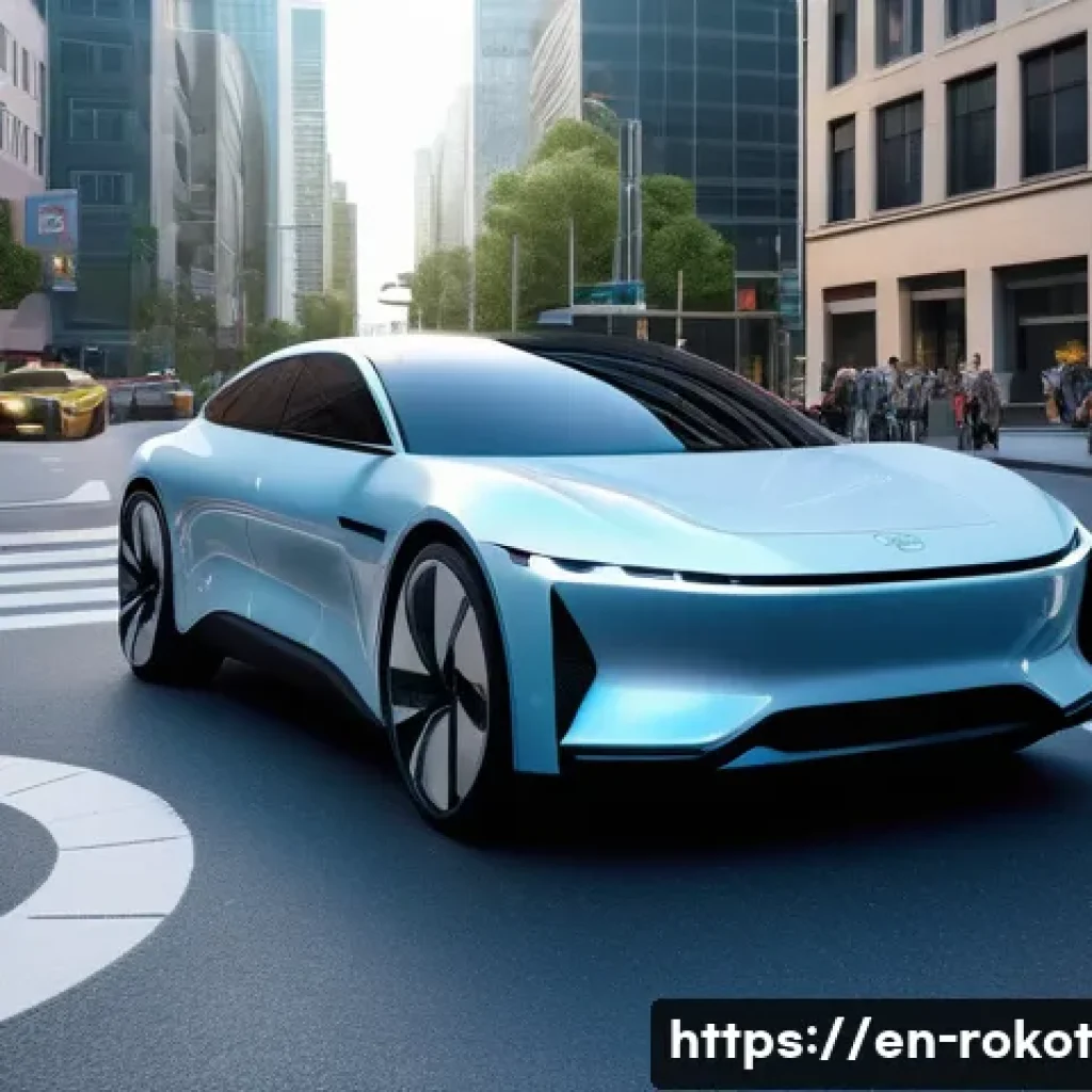 로봇의 판단 기준과 윤리적 틀 - A futuristic autonomous vehicle navigating a busy urban intersection with diverse pedestrians, cycli...