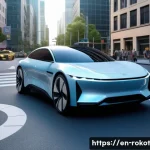 로봇의 판단 기준과 윤리적 틀 - A futuristic autonomous vehicle navigating a busy urban intersection with diverse pedestrians, cycli...
