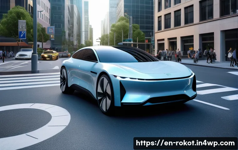 로봇의 판단 기준과 윤리적 틀 - A futuristic autonomous vehicle navigating a busy urban intersection with diverse pedestrians, cycli...