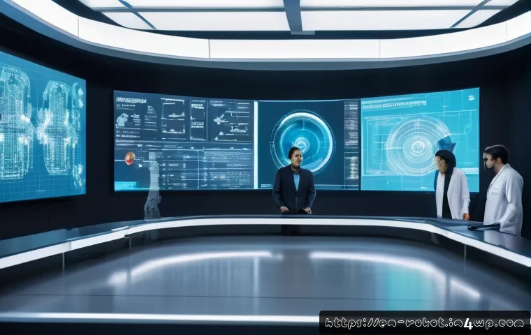 로봇 윤리 규범의 글로벌 통합 방안 - A futuristic robotics laboratory scene featuring a diverse team of engineers, ethicists, and policym...