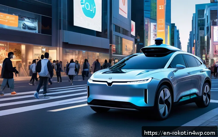 로봇 윤리의 중요성과 미래 방향 - A futuristic urban scene depicting a self-driving car at a busy intersection, faced with a moral dil...