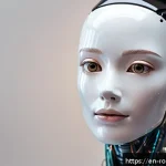 로봇의 감정 표현과 사회적 수용 - A humanoid robot with a sleek metallic face featuring subtle micro-expressions: gently raised eyebro...
