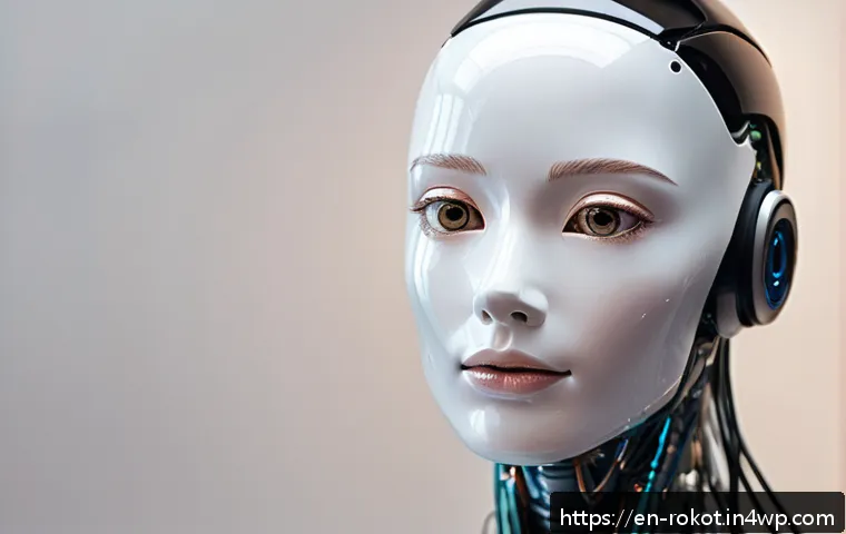 로봇의 감정 표현과 사회적 수용 - A humanoid robot with a sleek metallic face featuring subtle micro-expressions: gently raised eyebro...