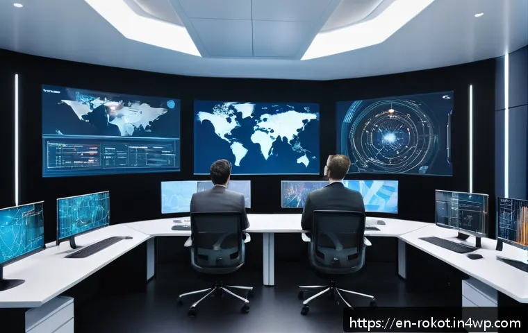 로봇 윤리 규범의 향후 발전 방향 - A futuristic control room scene showing a diverse team of AI developers and ethicists collaborating ...
