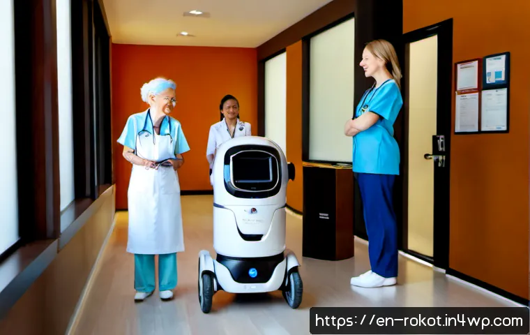 Home 11 로봇과 사회적 가치 창출의 윤리적 측면 - Photorealistic community health center, a friendly non-humanoid service robot gently assisting an el...