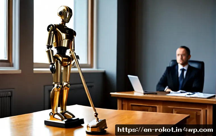 Home 13 로봇의 권리와 책임 문제 - Photorealistic modern courtroom scene focused on a polished wooden table, a calm humanoid service ro...